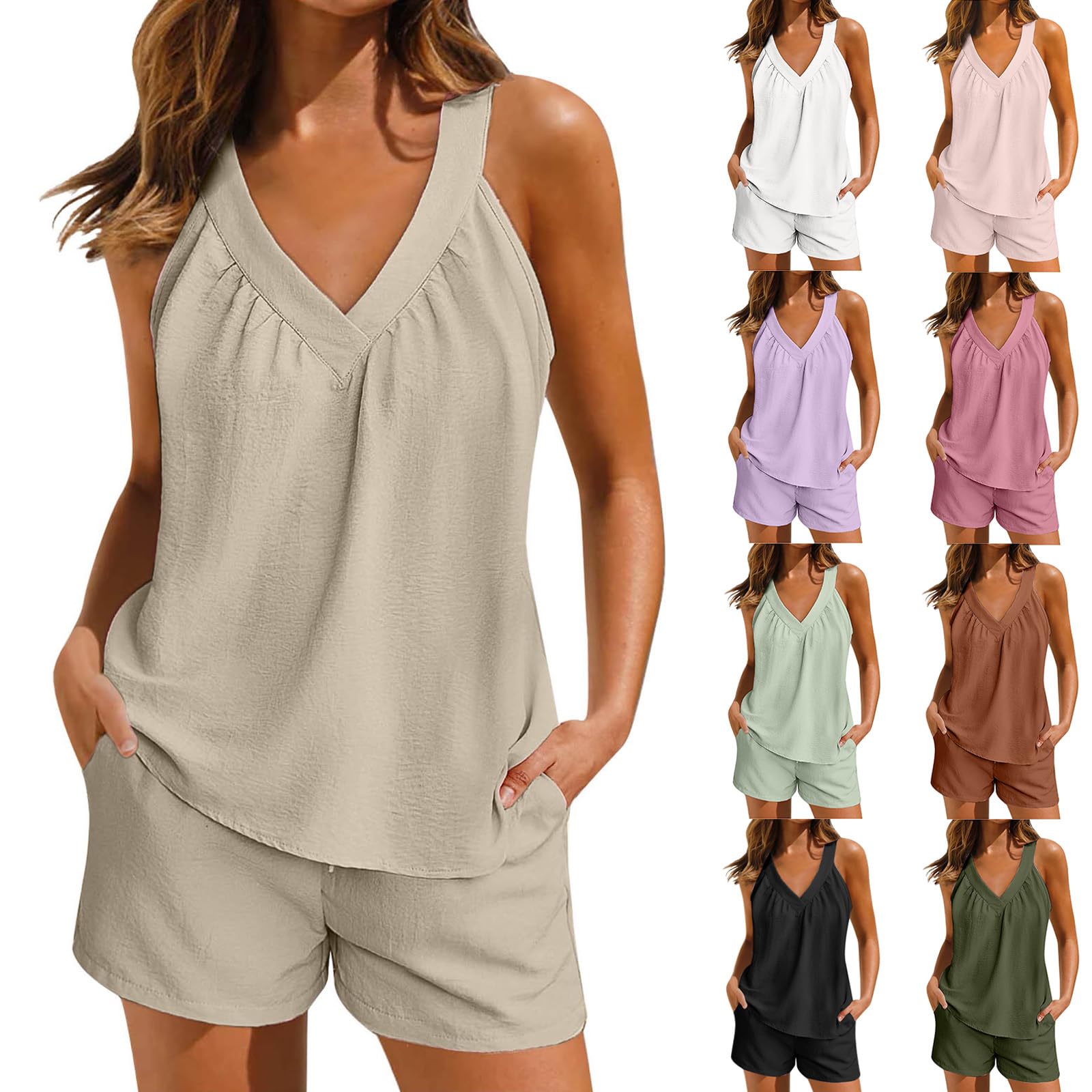 Linen Shorts Sets Women 2 Piece Outfits V Neck Halter Top High Waisted Shorts Matching Sets Summer Boho Beach Outfits