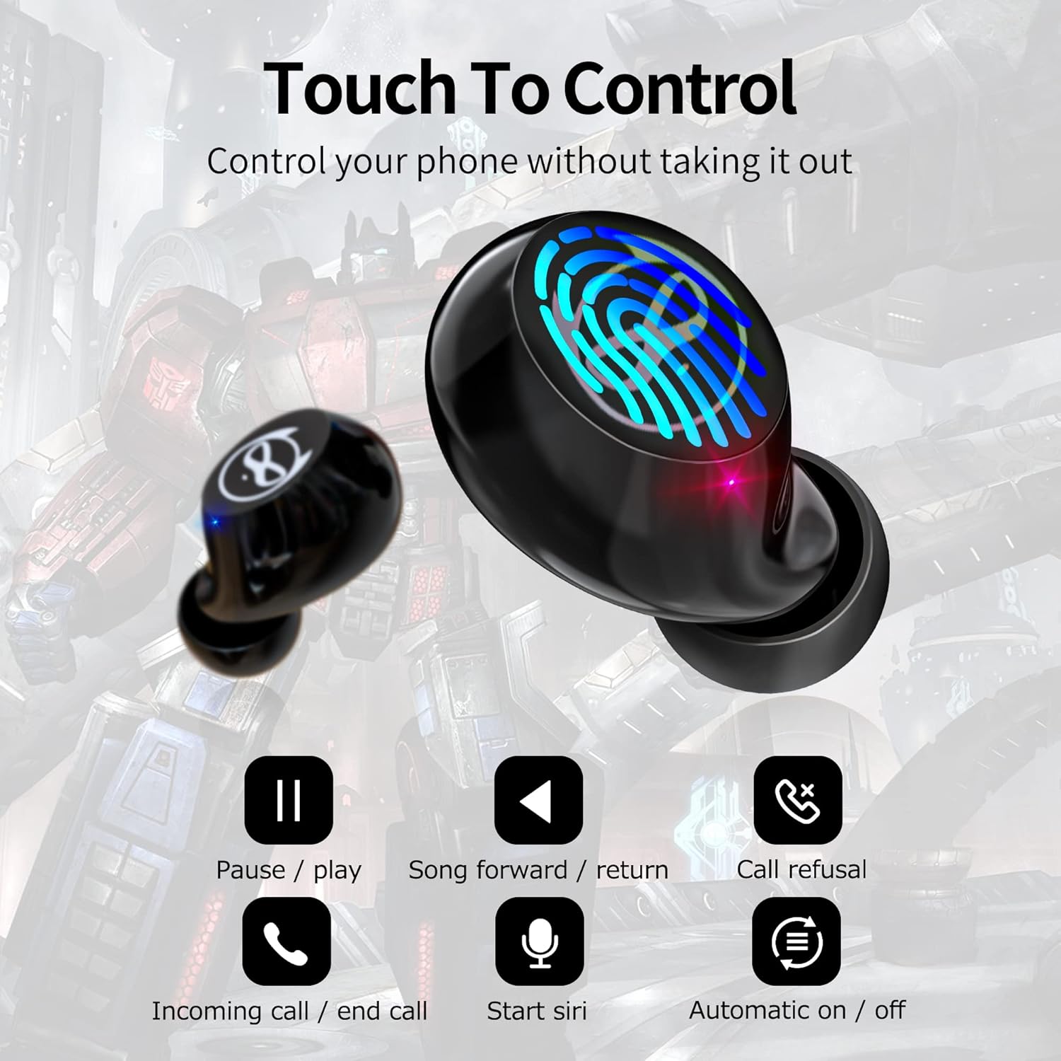 Wireless Earbuds, Bluetooth 5.0 Stereo Headphones, in-Ear Sweat-Proof Wireless Earphones Dual Mic and Noise Reduction, Touch Control Headset with Cartoon Blue Changing Men Charging Case