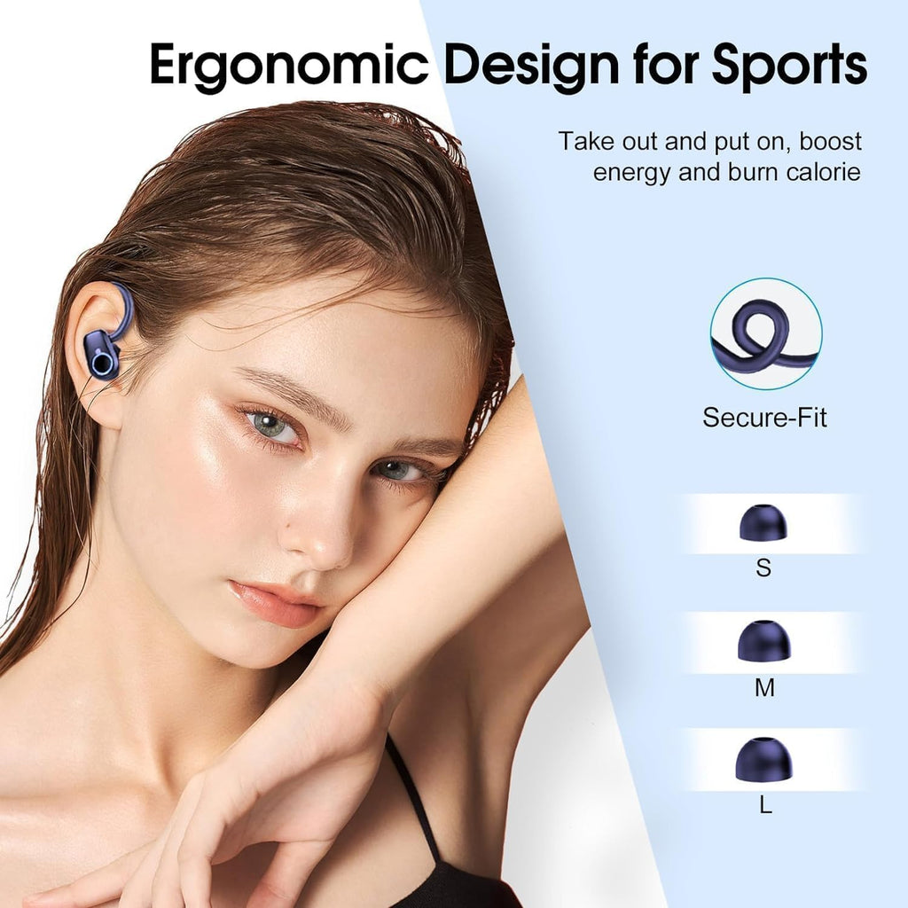 Wireless Earbuds Bluetooth 5.4 Headphones Sport, 50H Stereo Ear Buds Dual LED Display, 2025 Bluetooth Earbuds with 4 ENC Noise Canceling Mic, IP7 Waterproof Earphones with Earhooks for Running, Navy