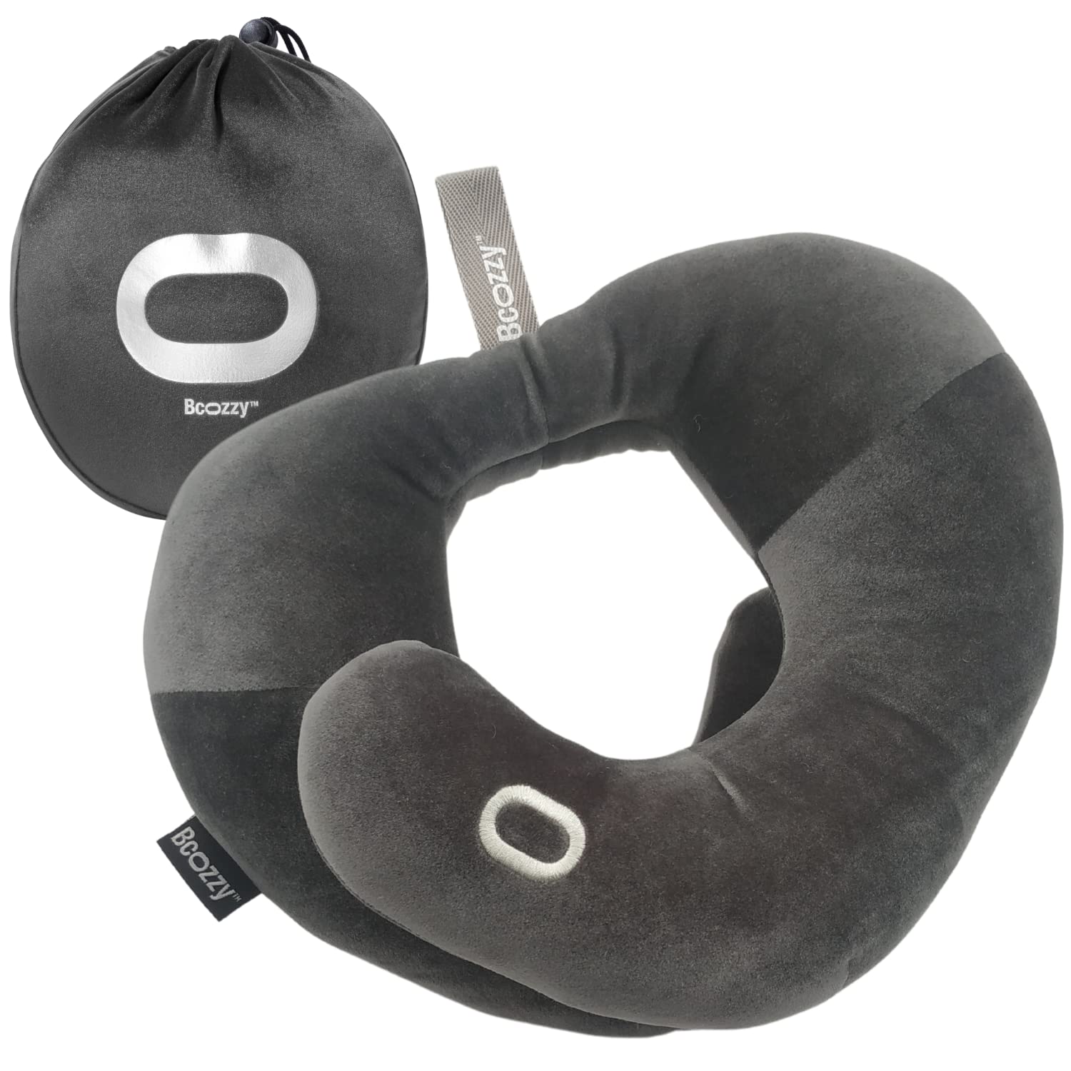 BCOZZY Travel Neck Pillow for Airplane – Patented Double Support for Head, Neck, and Chin. Best for Long Flights, Plane Sleeping, and Car Rides. Adjustable Size. Fully Washable. Carry Bag. Large, Navy