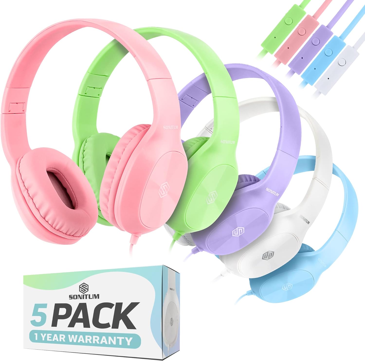 Bulk Kids Headphones for School with Microphones - 5-Pack On-Ear 3.5mm Wired Headphones for Schools -Comfy Wired Kids Headphones with in-Line Mics – School Headphones for Kids