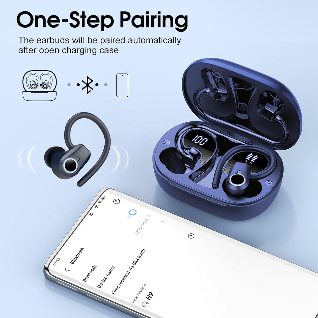 Wireless Earbuds Bluetooth 5.4 Headphones Sport, 50H Stereo Ear Buds Dual LED Display, 2025 Bluetooth Earbuds with 4 ENC Noise Canceling Mic, IP7 Waterproof Earphones with Earhooks for Running, Navy
