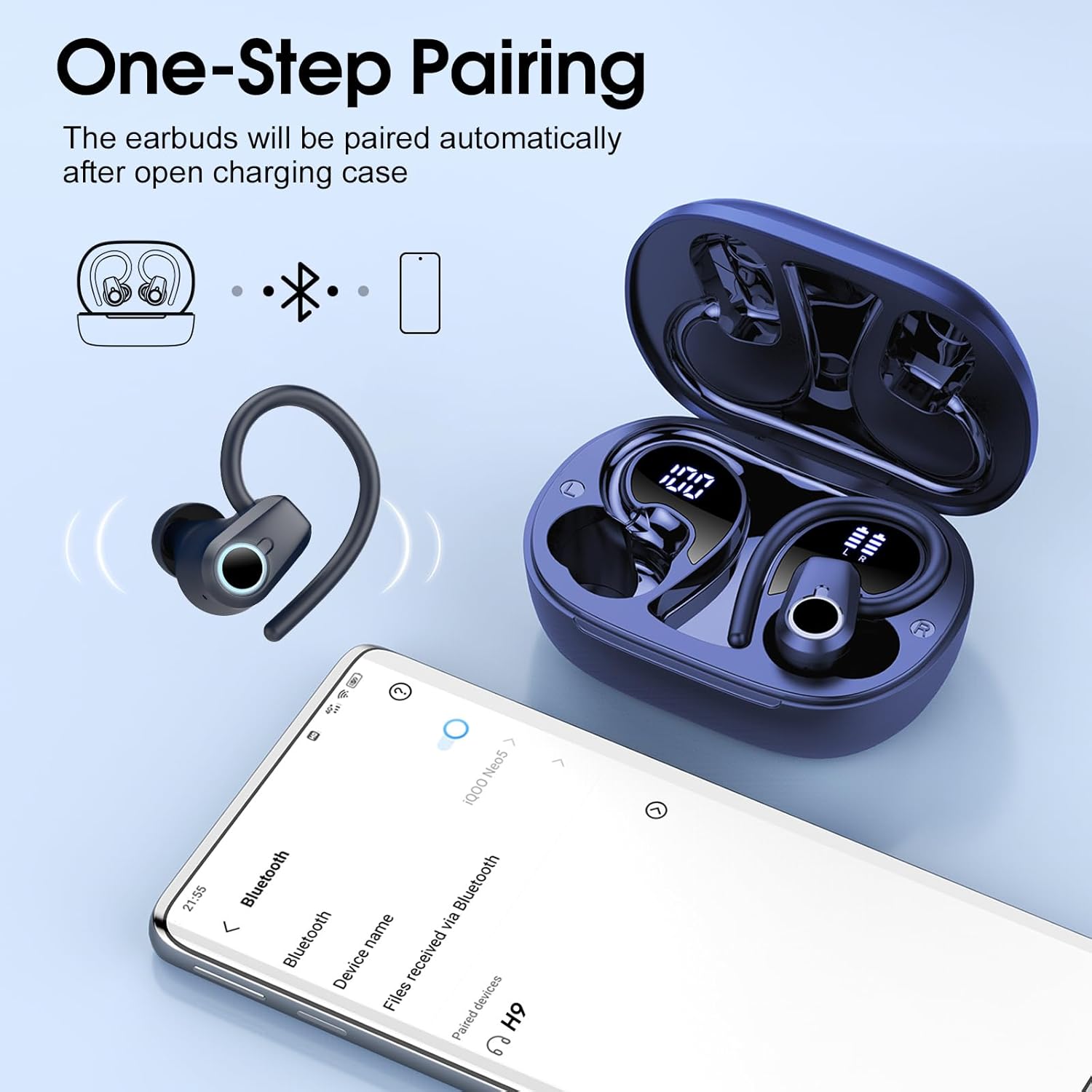Wireless Earbuds Bluetooth 5.4 Headphones Sport, 50H Stereo Ear Buds Dual LED Display, 2025 Bluetooth Earbuds with 4 ENC Noise Canceling Mic, IP7 Waterproof Earphones with Earhooks for Running, Navy