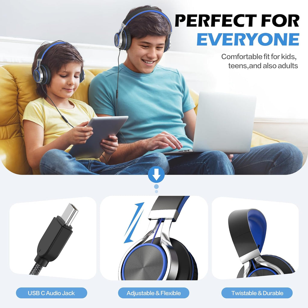 AILIHEN C8 USB-C Headphones Wired - On-Ear Corded Headset with Microphone & Volume Control, Foldable Stereo Sound Tangle-Free Type C Cord, Compatible with Cellphone, Laptop, PC, Computer (Black Blue)