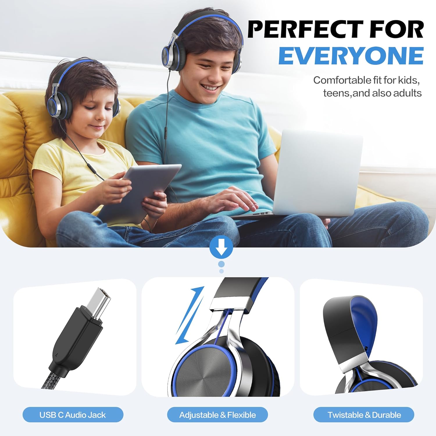 AILIHEN C8 USB-C Headphones Wired - On-Ear Corded Headset with Microphone & Volume Control, Foldable Stereo Sound Tangle-Free Type C Cord, Compatible with Cellphone, Laptop, PC, Computer (Black Blue)