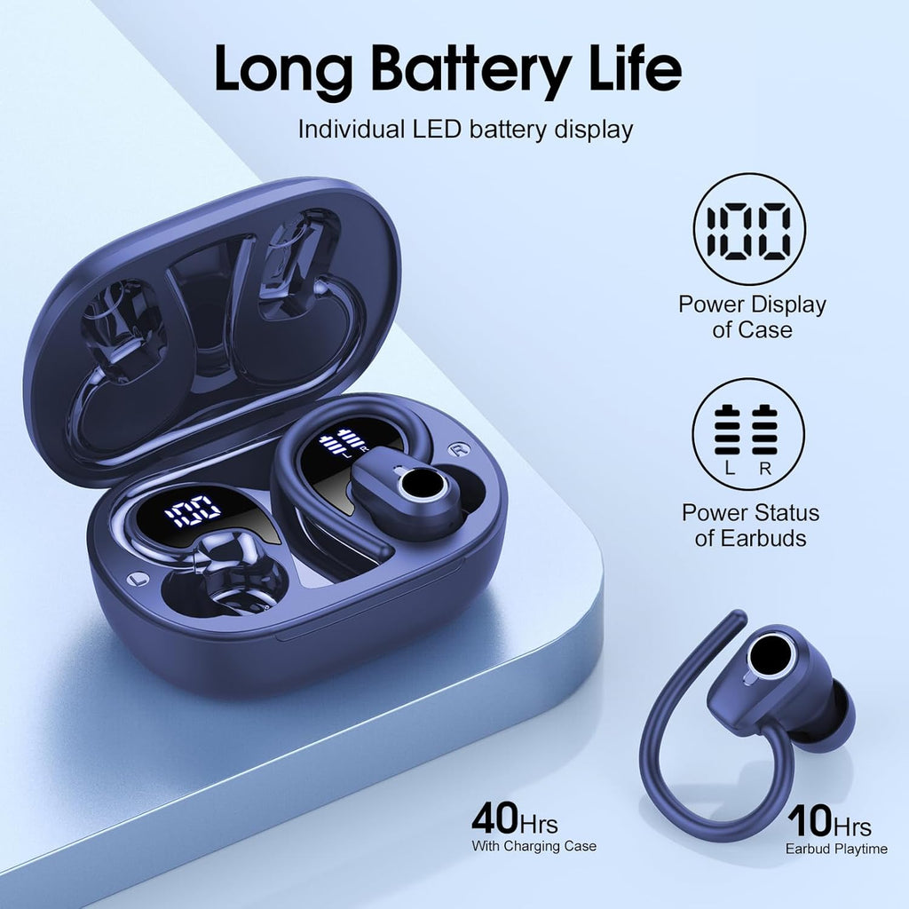 Wireless Earbuds Bluetooth 5.4 Headphones Sport, 50H Stereo Ear Buds Dual LED Display, 2025 Bluetooth Earbuds with 4 ENC Noise Canceling Mic, IP7 Waterproof Earphones with Earhooks for Running, Navy