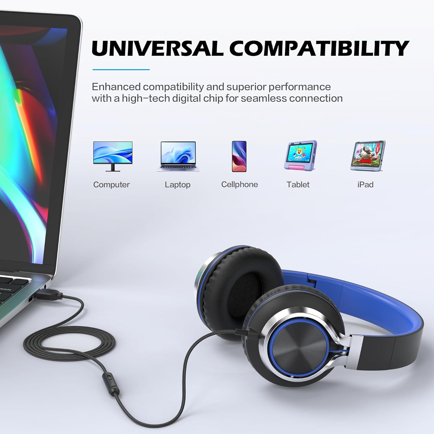 AILIHEN C8 USB-C Headphones Wired - On-Ear Corded Headset with Microphone & Volume Control, Foldable Stereo Sound Tangle-Free Type C Cord, Compatible with Cellphone, Laptop, PC, Computer (Black Blue)