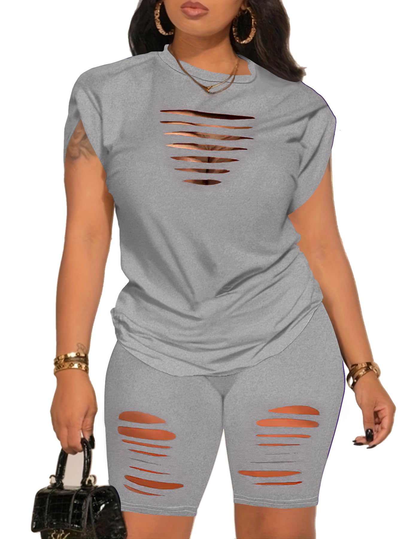 Women's Summer 2 Piece Outfits Tracksuits Biker Short Workout Jogger Sets