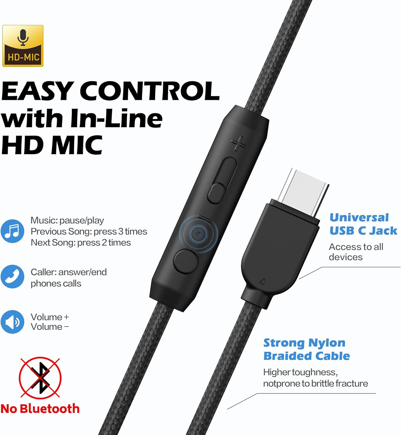 AILIHEN C8 USB-C Headphones Wired - On-Ear Corded Headset with Microphone & Volume Control, Foldable Stereo Sound Tangle-Free Type C Cord, Compatible with Cellphone, Laptop, PC, Computer (Black Blue)