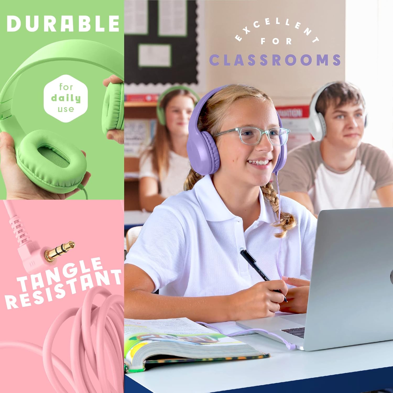 Bulk Kids Headphones for School with Microphones - 5-Pack On-Ear 3.5mm Wired Headphones for Schools -Comfy Wired Kids Headphones with in-Line Mics – School Headphones for Kids