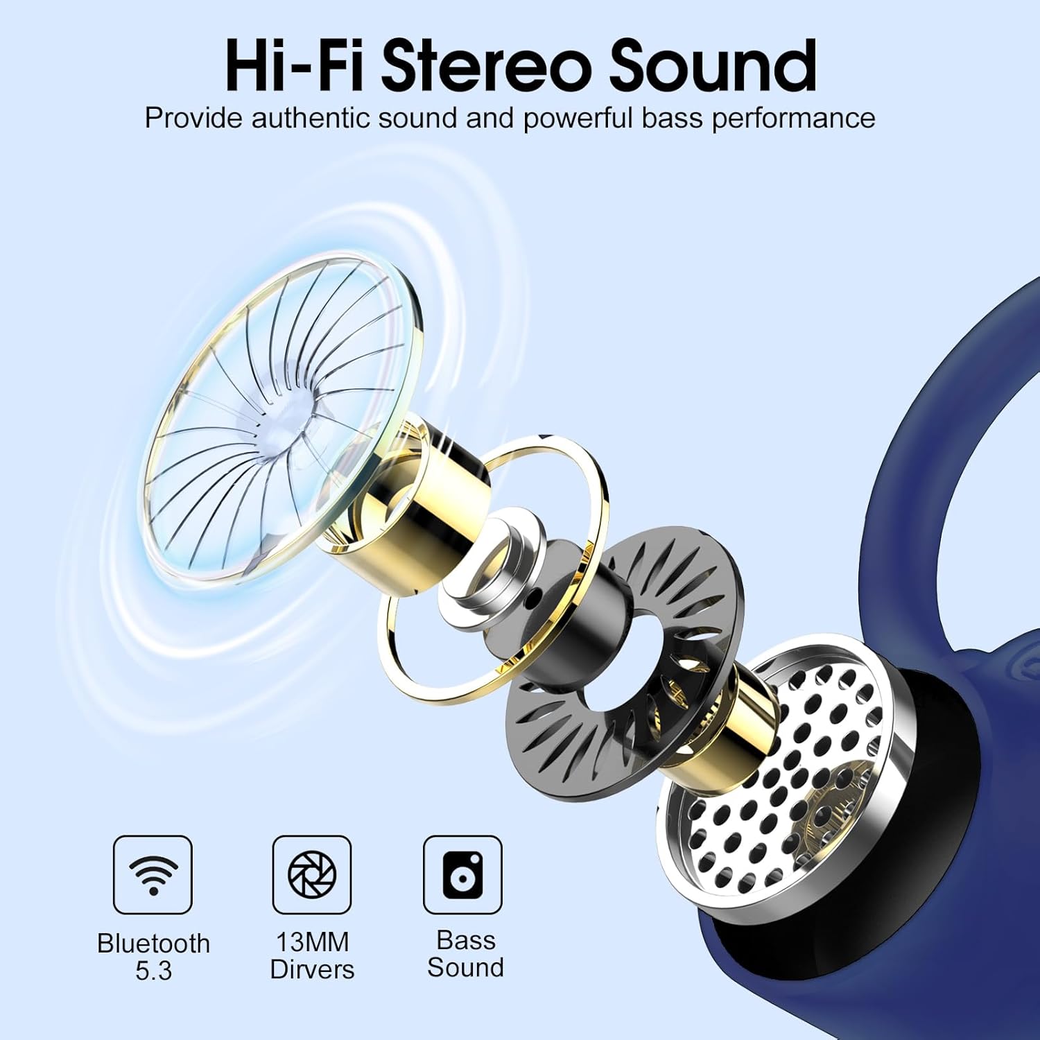 Wireless Earbuds Bluetooth 5.4 Headphones Sport, 50H Stereo Ear Buds Dual LED Display, 2025 Bluetooth Earbuds with 4 ENC Noise Canceling Mic, IP7 Waterproof Earphones with Earhooks for Running, Navy