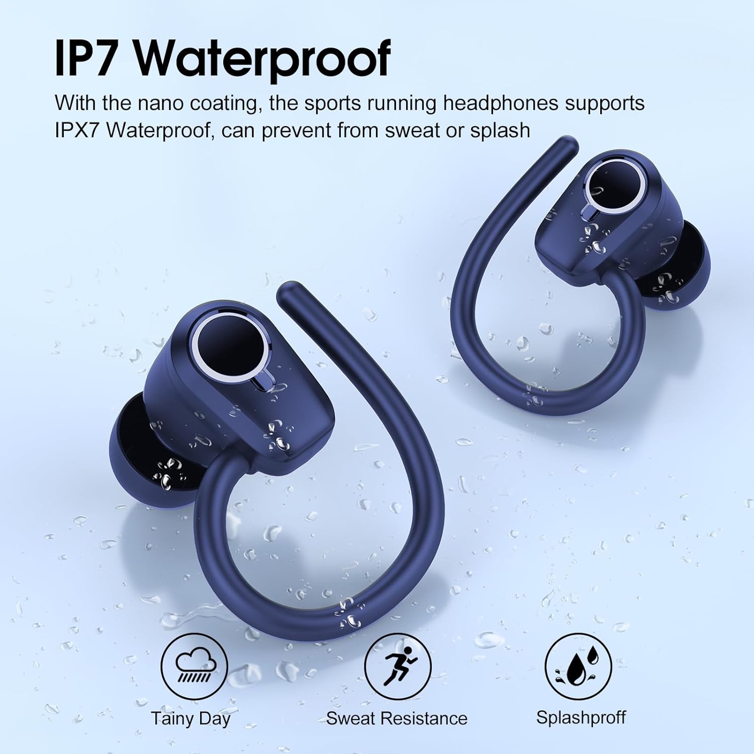 Wireless Earbuds Bluetooth 5.4 Headphones Sport, 50H Stereo Ear Buds Dual LED Display, 2025 Bluetooth Earbuds with 4 ENC Noise Canceling Mic, IP7 Waterproof Earphones with Earhooks for Running, Navy