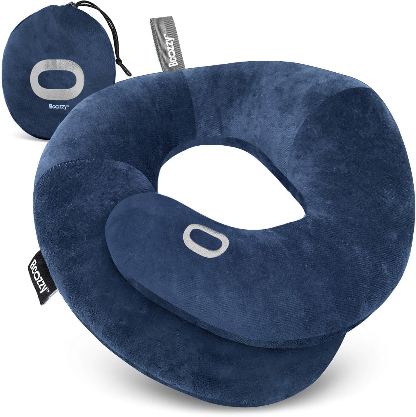 BCOZZY Travel Neck Pillow for Airplane – Patented Double Support for Head, Neck, and Chin. Best for Long Flights, Plane Sleeping, and Car Rides. Adjustable Size. Fully Washable. Carry Bag. Large, Navy