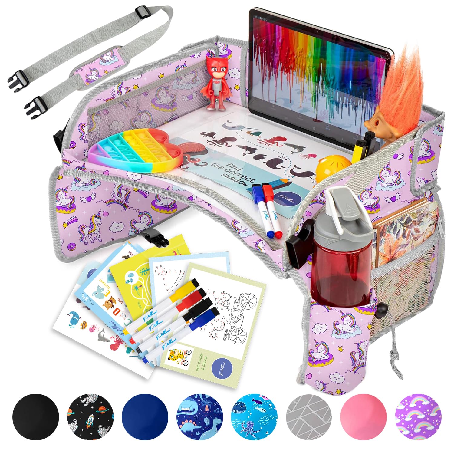 PILLANI Kids Car Seat Tray - Travel Tray for Carseat with Activities for Road Trips and Airplanes