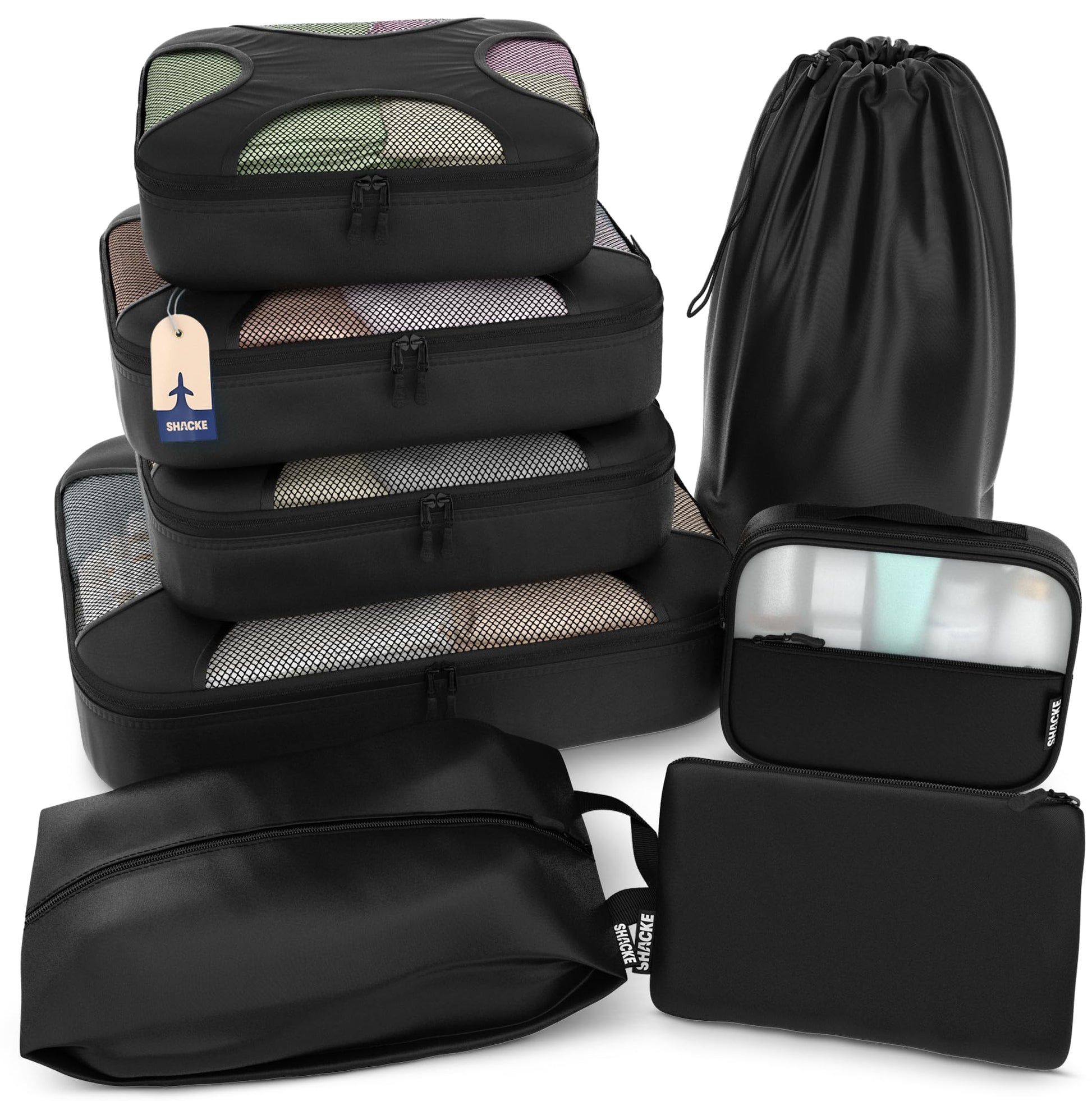 Shacke Premium 5 Packing Cubes Set - Lightweight Mesh Travel Luggage Organizers with Laundry Bag, 5-Piece Suitcase Storage System (Green Grass)