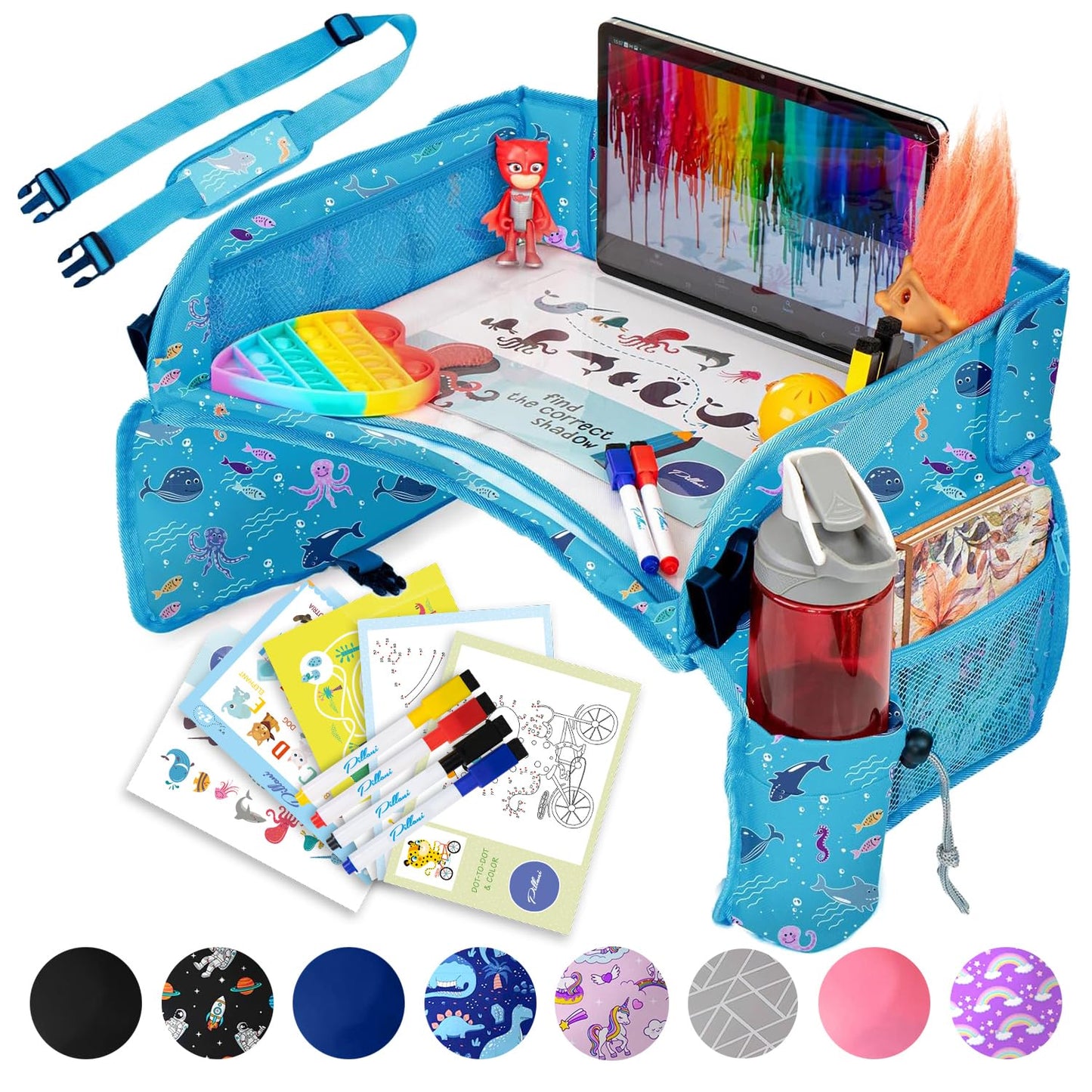 PILLANI Kids Car Seat Tray - Travel Tray for Carseat with Activities for Road Trips and Airplanes