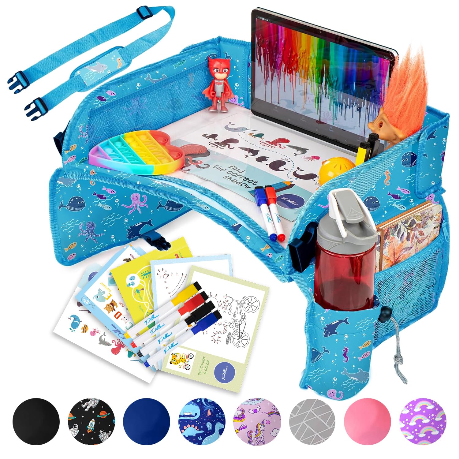 PILLANI Kids Car Seat Tray - Travel Tray for Carseat with Activities for Road Trips and Airplanes