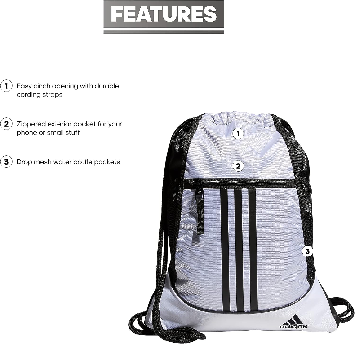 adidas Alliance Sackpack, Drawstring, Lightweight Small Gym Bag for Women, Soccer Backpack, White/Black/Black, One Size