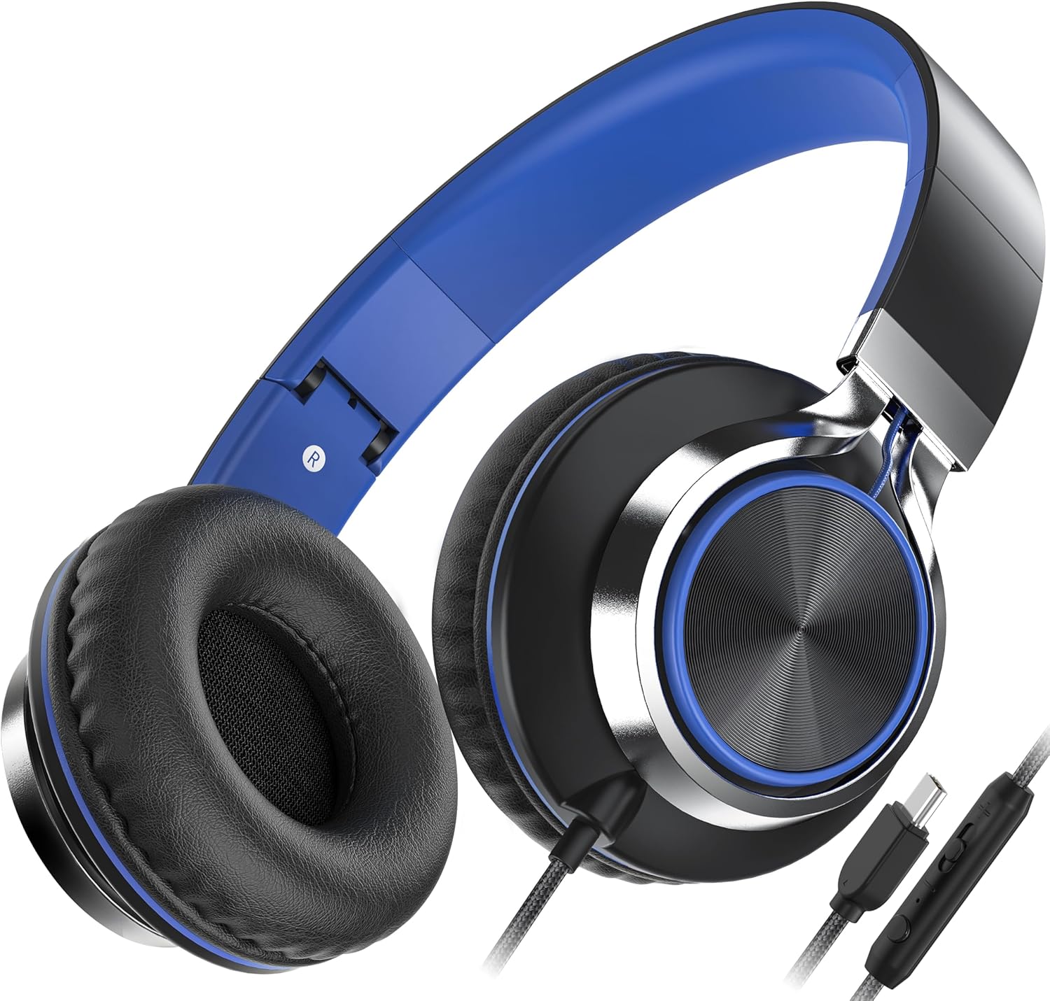 AILIHEN C8 USB-C Headphones Wired - On-Ear Corded Headset with Microphone & Volume Control, Foldable Stereo Sound Tangle-Free Type C Cord, Compatible with Cellphone, Laptop, PC, Computer (Black Blue)