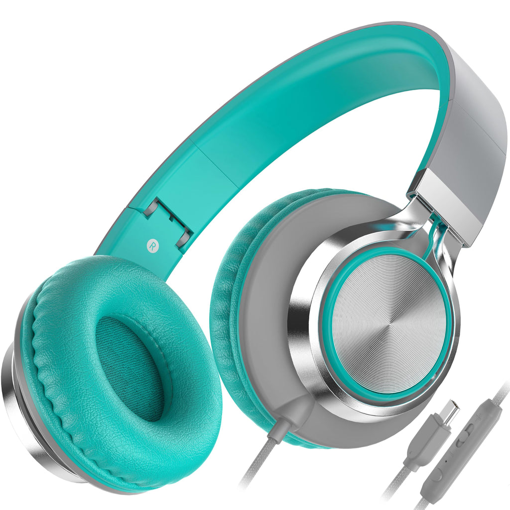 AILIHEN C8 USB-C Headphones Wired - On-Ear Corded Headset with Microphone & Volume Control, Foldable Stereo Sound Tangle-Free Type C Cord, Compatible with Cellphone, Laptop, PC, Computer (Black Blue)