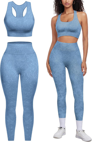 OLCHEE Womens Workout Sets 2 Piece - Acid Wash Seamless Yoga Outfits High Waist Leggings Padded Racerback Sports Bra Gym Set