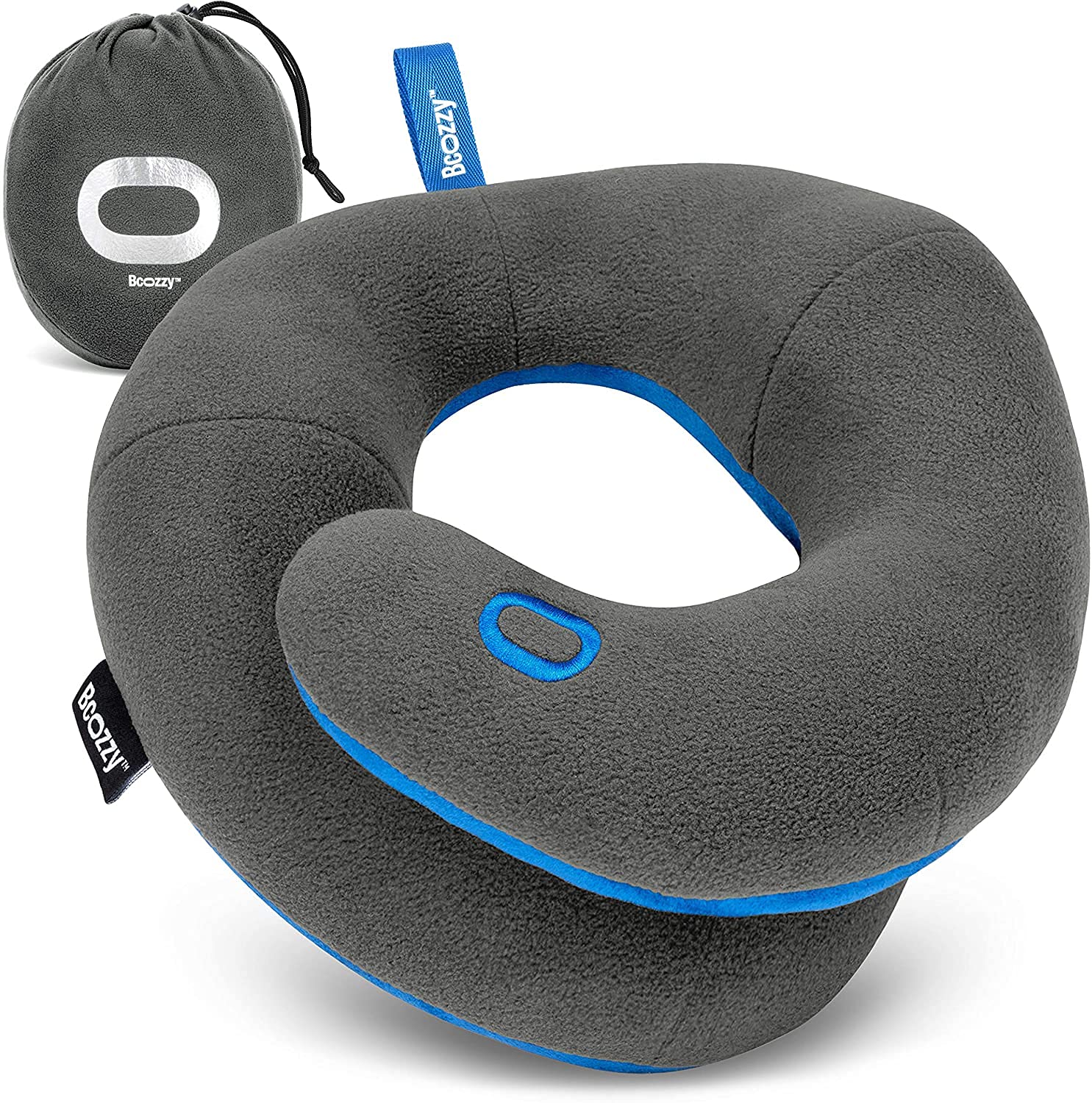 BCOZZY Travel Neck Pillow for Airplane – Patented Double Support for Head, Neck, and Chin. Best for Long Flights, Plane Sleeping, and Car Rides. Adjustable Size. Fully Washable. Carry Bag. Large, Navy