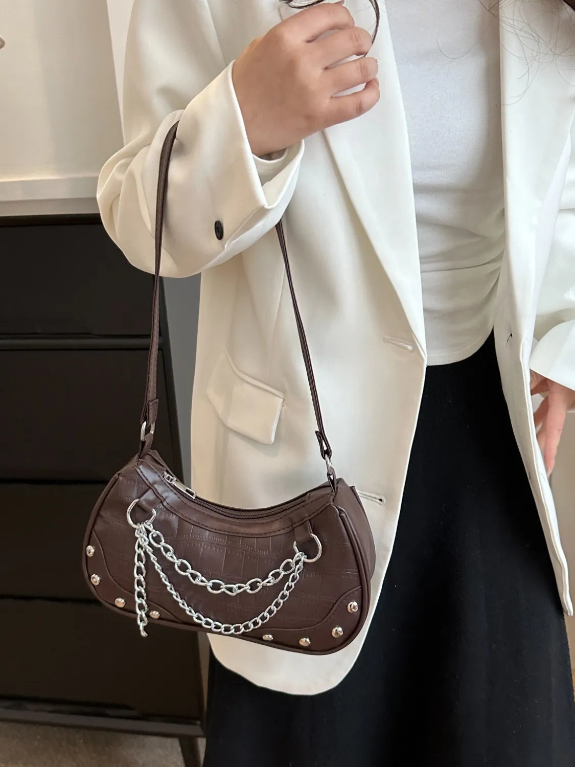 YEPPI - PU Leather Shoulder Bag with Silver Chain
