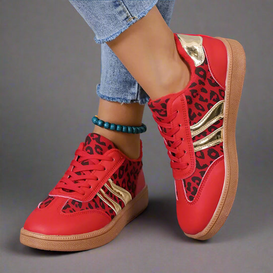 Leopard Round Toe Lace Up Athletic Sneakers - Womens