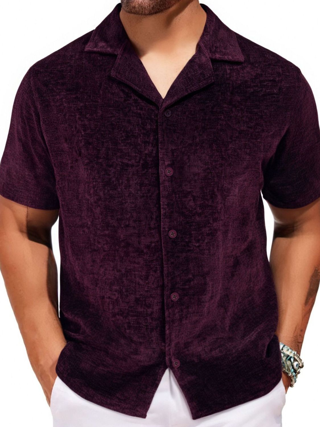 Men's Plus Size Button Down Short Sleeve Textured Collar Shirt