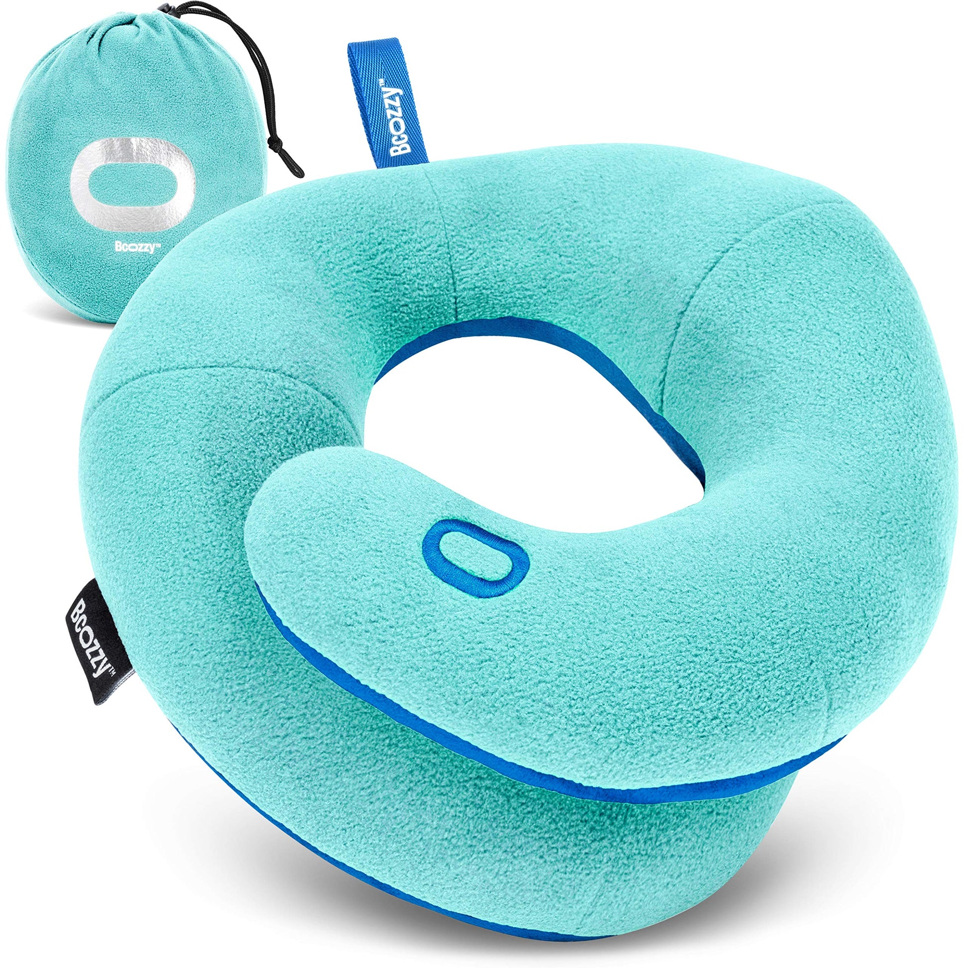 BCOZZY Travel Neck Pillow for Airplane – Patented Double Support for Head, Neck, and Chin. Best for Long Flights, Plane Sleeping, and Car Rides. Adjustable Size. Fully Washable. Carry Bag. Large, Navy