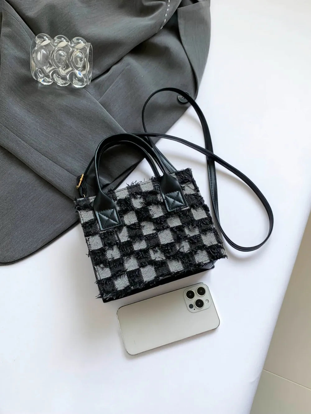 ZWX - Raw Edge Checkered PU Denim Shoulder Bag