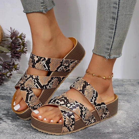 Crisscross Open Toe Platform Spring & Summer Sandals- Snake Print