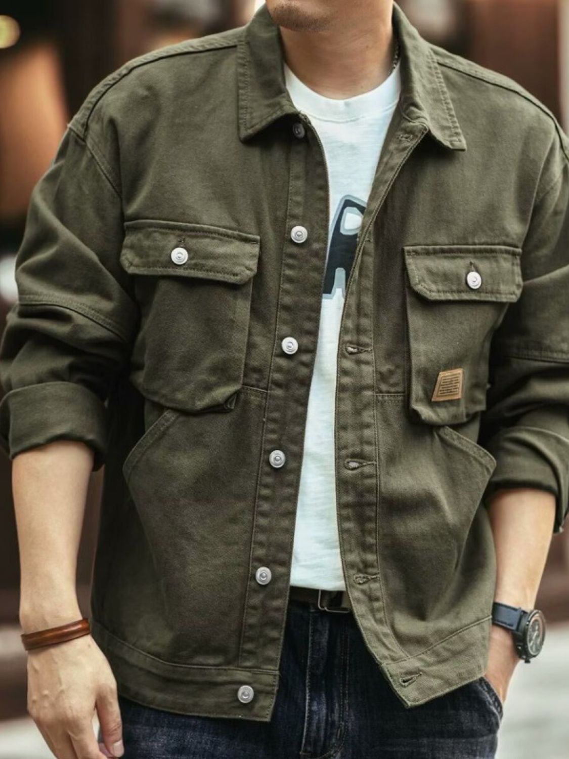 Men's Washed Collared Neck Cargo Jacket. Experience comfort and convenience in our Men's Washed Collared Neck Cargo Jacket!