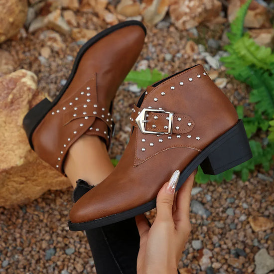 Studded Buckle Mid Heel Chelsea Boots