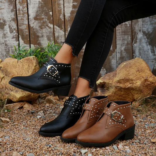 Studded Buckle Mid Heel Chelsea Boots