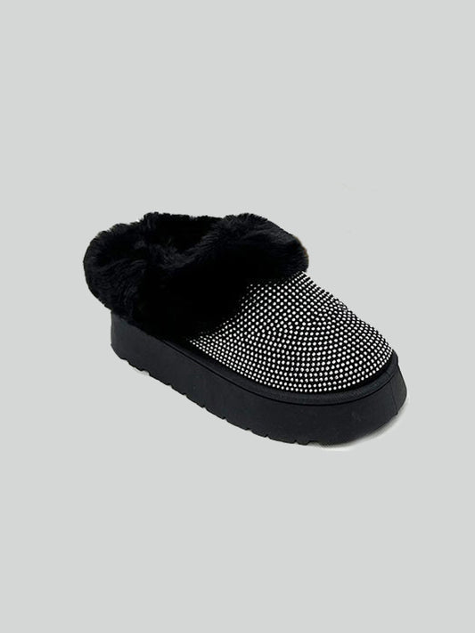 WILD DIVA Embellished Faux Fur Platform Booties - Black