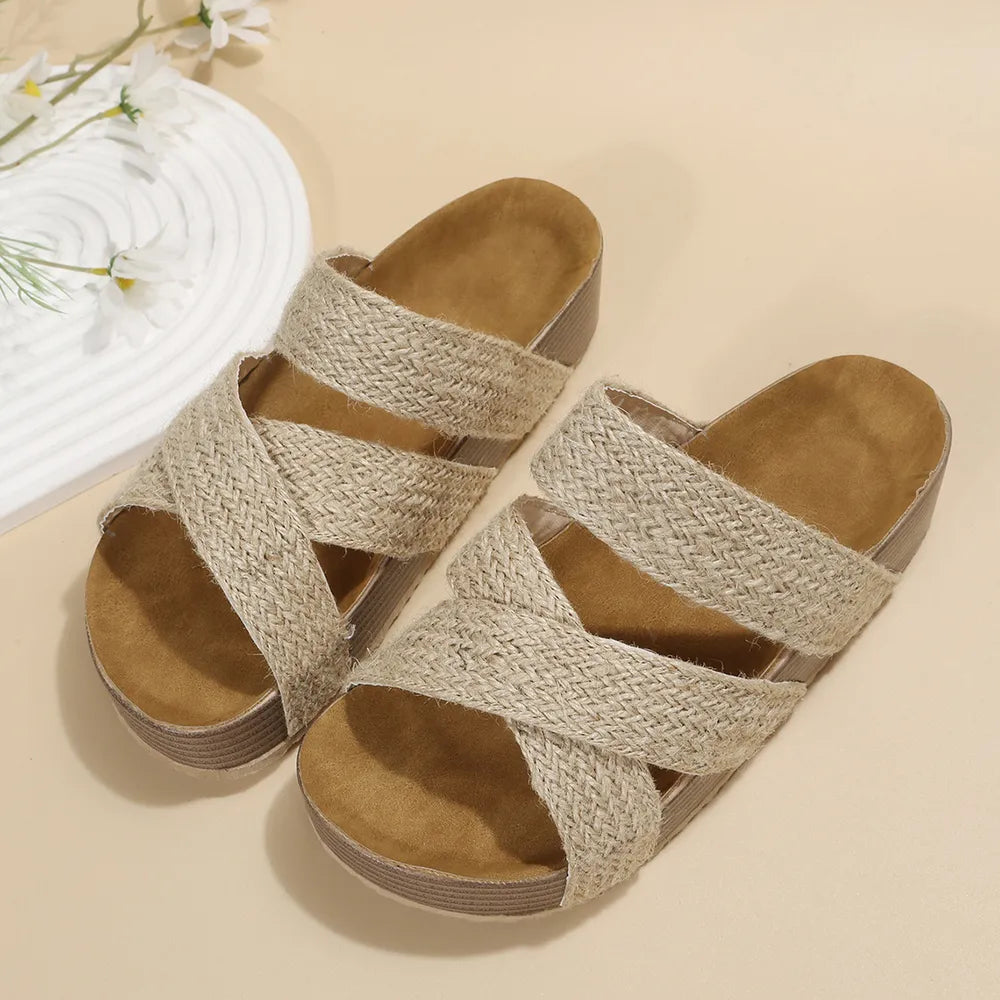 Crisscross Open Toe Platform Spring & Summer Sandals- Tweed Sandals