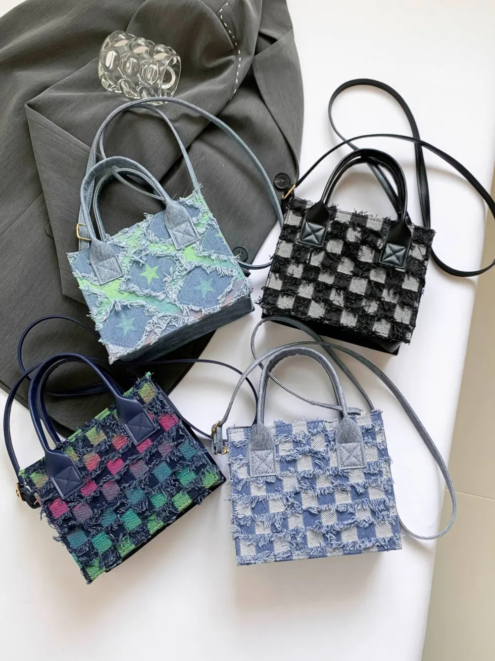 ZWX - Raw Edge Checkered PU Denim Shoulder Bag