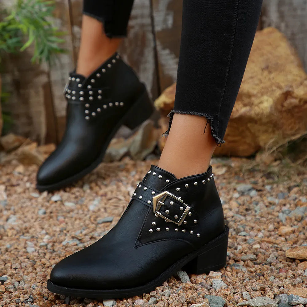 Studded Buckle Mid Heel Chelsea Boots