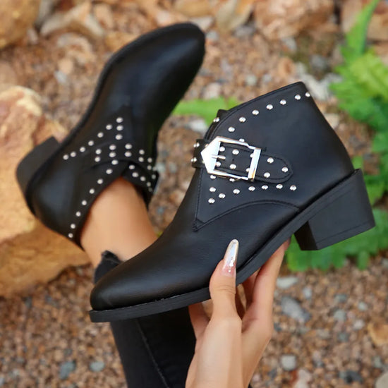 Studded Buckle Mid Heel Chelsea Boots