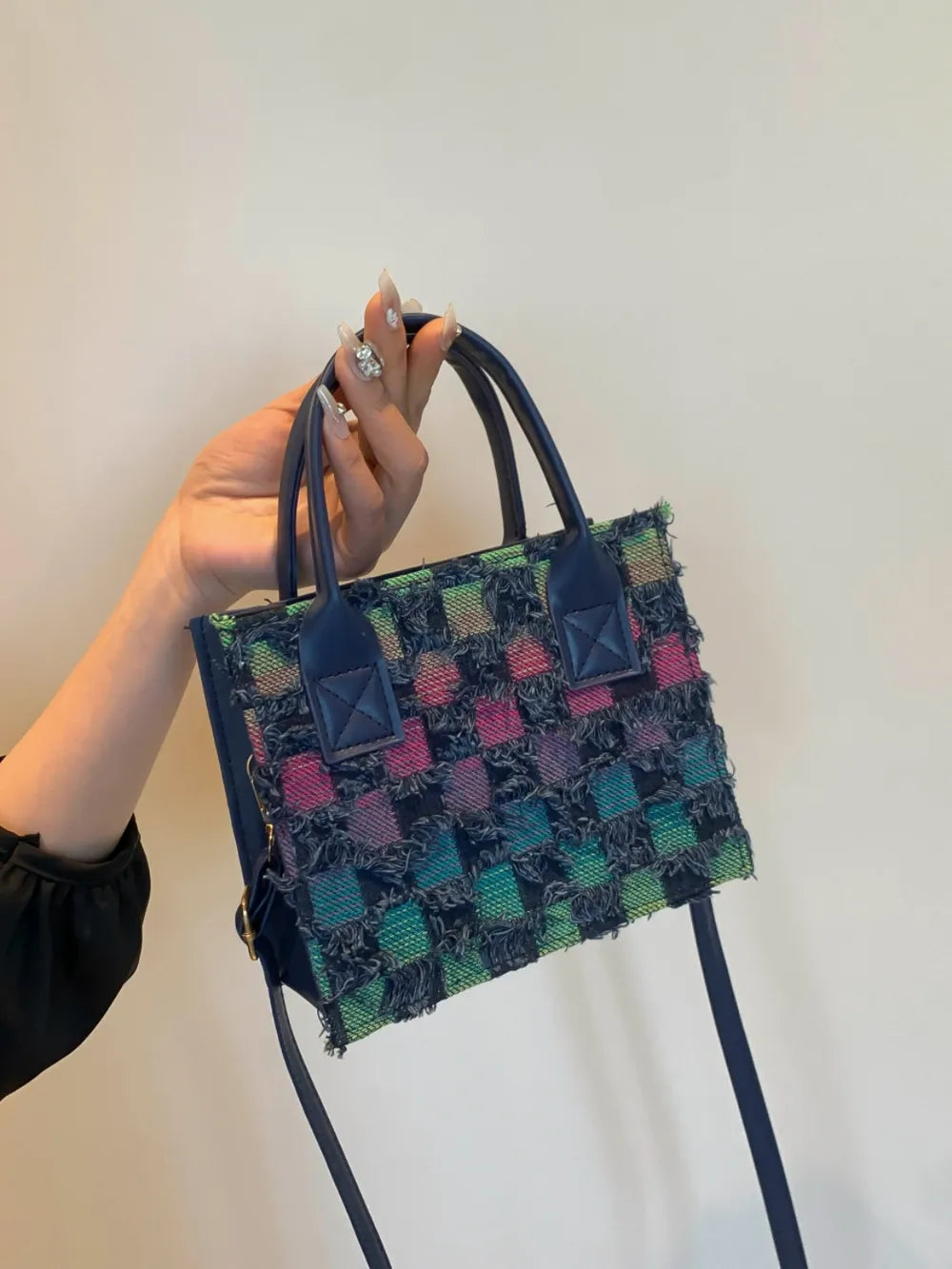 ZWX - Raw Edge Checkered PU Denim Shoulder Bag