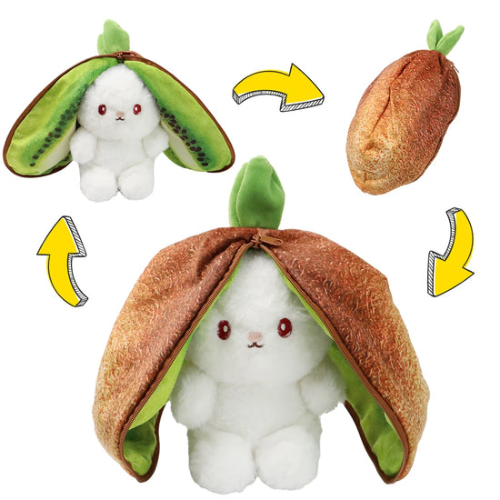 women Cute Kawaii Plush showing Zip-Up Bunny transformation with Fruit Ear Bunny design