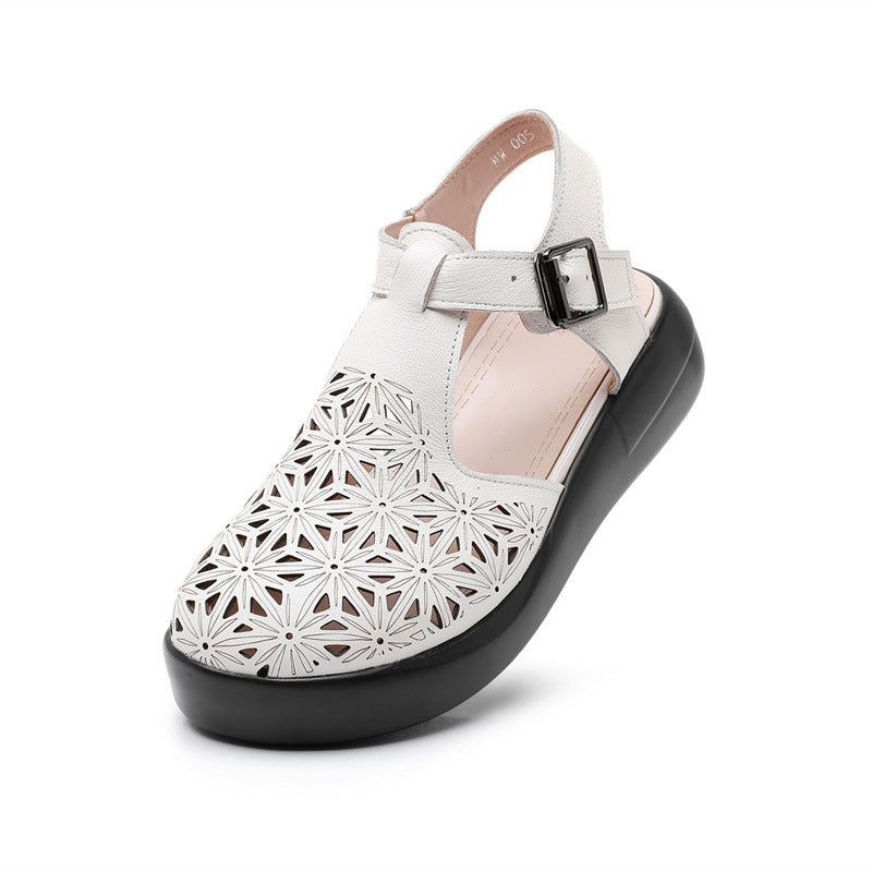 Genuine Leather Sponge Cake Thick-Sole Wedge Sandals-Womens