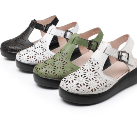 Genuine Leather Sponge Cake Thick-Sole Wedge Sandals-Womens