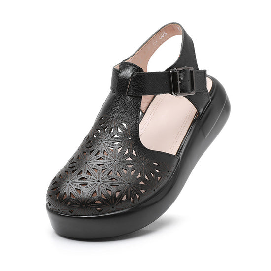 Genuine Leather Sponge Cake Thick-Sole Wedge Sandals-Womens