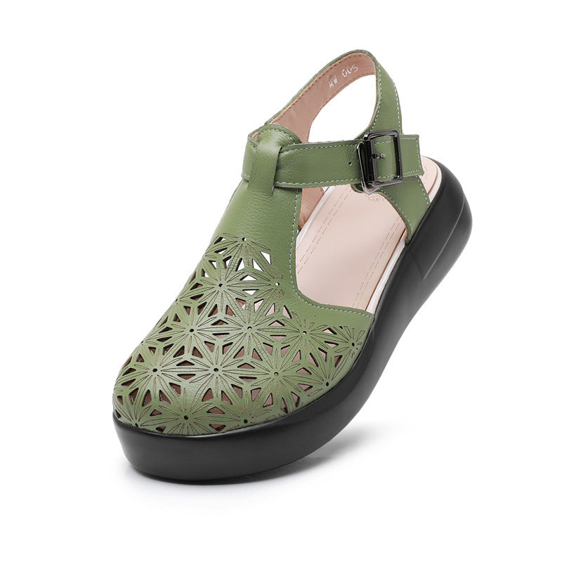 Genuine Leather Sponge Cake Thick-Sole Wedge Sandals-Womens