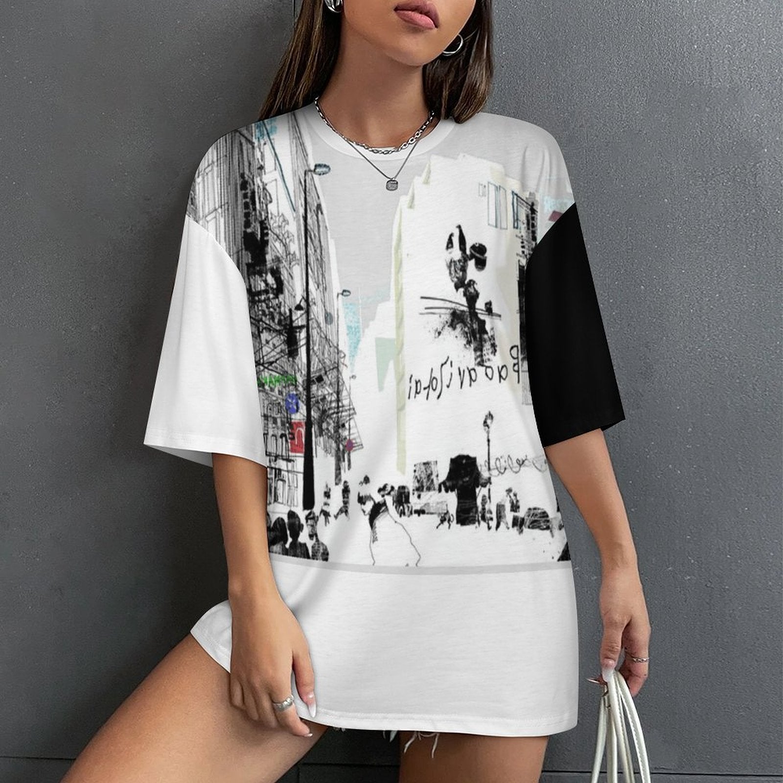 ZWX - Graphic Print Black+White Women's Drop-Shoulder Mid-Sleeve T-Shirt