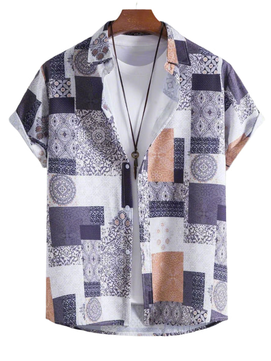 ZWX - Men's Patchwork Printed Short Sleeve Casual Shirt