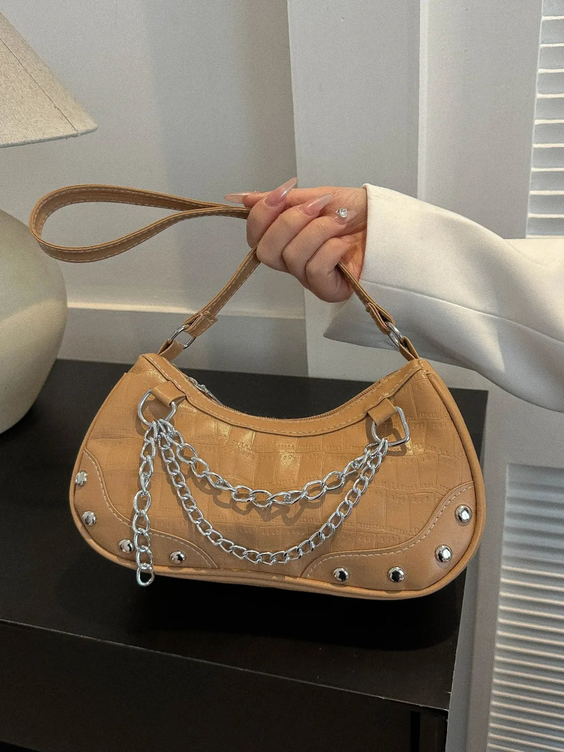 YEPPI - PU Leather Shoulder Bag with Silver Chain