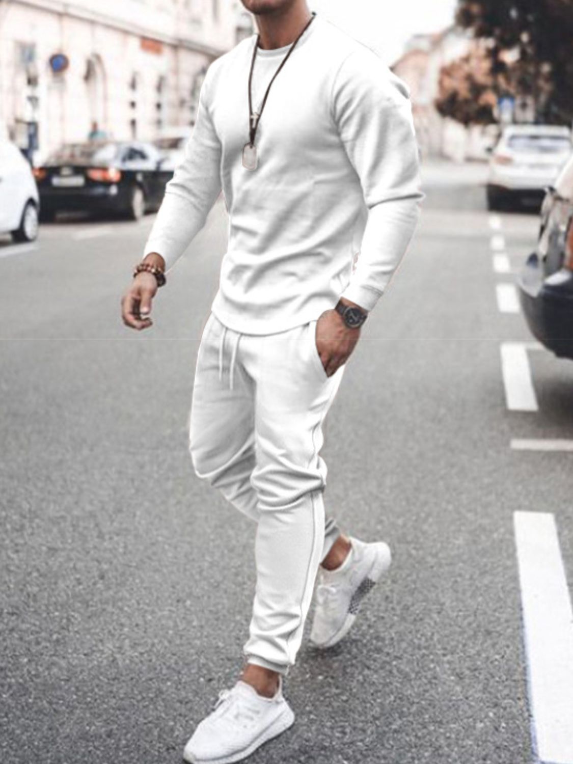 Men's Full Size Round Neck Long Sleeve Top and Pants Set - Plus Size